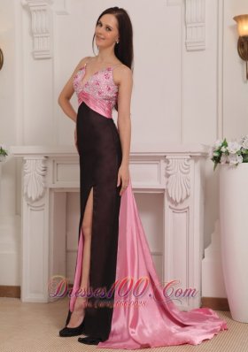 Pink and Black Straps Beading Prom Dress Evening Brush