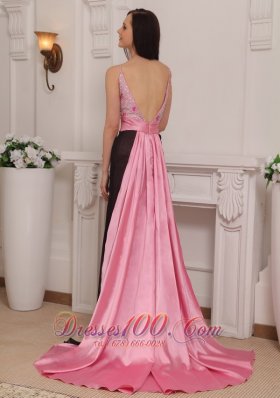 Pink and Black Straps Beading Prom Dress Evening Brush