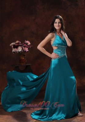 Side Cut High Slit Halter Turquoise Prom Dress