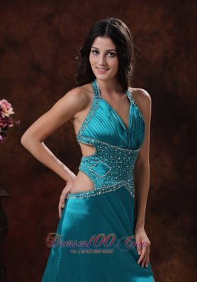 Side Cut High Slit Halter Turquoise Prom Dress