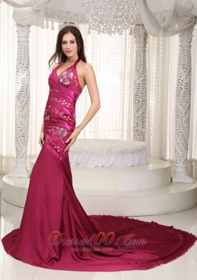 Burgundy Chapel Train Train Prom Celebrity Dress Embroidery