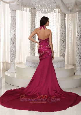 Burgundy Chapel Train Train Prom Celebrity Dress Embroidery