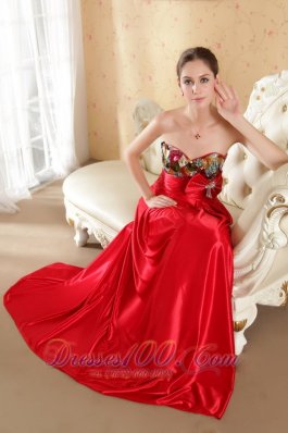 Bow Red Court Train Evening Dress Beaded