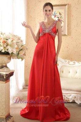 V-neck Beading Red Brush Train Prom Gown