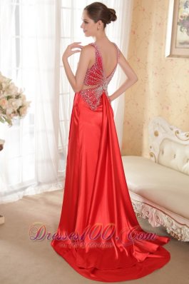 V-neck Beading Red Brush Train Prom Gown