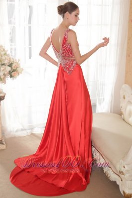 V-neck Beading Red Brush Train Prom Gown