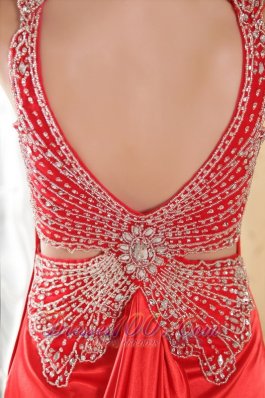 V-neck Beading Red Brush Train Prom Gown