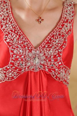 V-neck Beading Red Brush Train Prom Gown