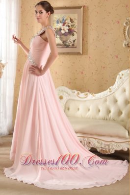 Baby Pink Straps Ruch Evening Dress Court Beads