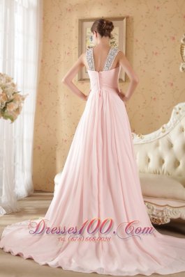 Baby Pink Straps Ruch Evening Dress Court Beads