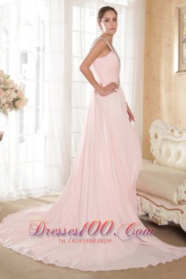 Baby Pink Straps Ruch Evening Dress Court Beads