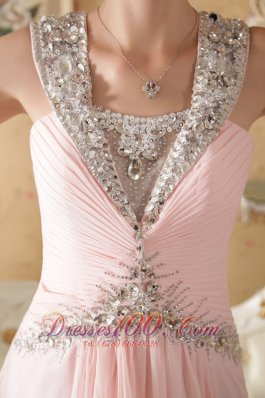 Baby Pink Straps Ruch Evening Dress Court Beads