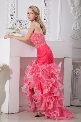 Coral Red Mermaid Prom Dress High-low Beaded