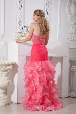 Coral Red Mermaid Prom Dress High-low Beaded