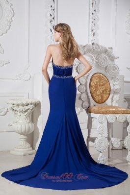 Halter Blue Chapel Train Chapel Train Prom Dress