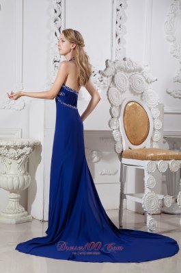 Halter Blue Chapel Train Chapel Train Prom Dress