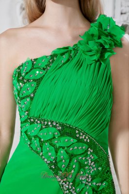 Hand Made Flowers Green One Shoulder Prom Dress