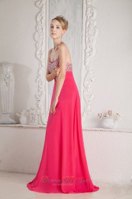 Chiffon Coral Red Beading Prom Dress Sweetheart