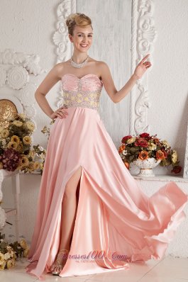 Brush Baby Pink Front Slit Prom Dress Beaded