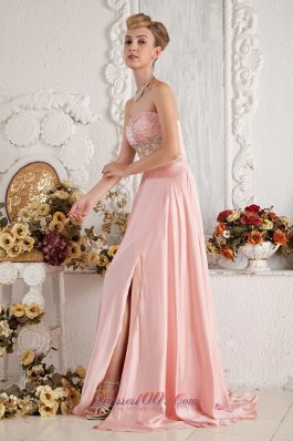 Brush Baby Pink Front Slit Prom Dress Beaded