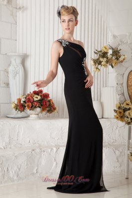 Black One Shoulder Beading Slit Prom Dress