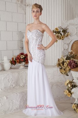 Mermaid Chiffon White Brush Prom Dress Beaded