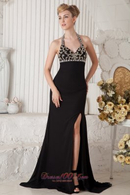 Beading Empire Halter Black Front Slit Prom Evening Gown