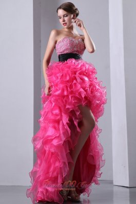 Hot Pink High-low Beads Organza Prom Dress Ruffled