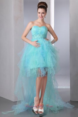 Asymmetrical Hemed Aqua Blue Prom Graduation Dress Beaded