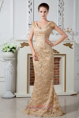 Cap Sleeve Champagne Lace V-neck Mother Dress