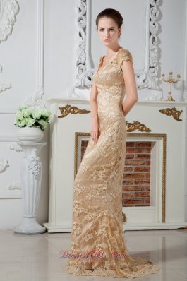 Cap Sleeve Champagne Lace V-neck Mother Dress