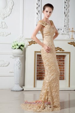 Cap Sleeve Champagne Lace V-neck Mother Dress