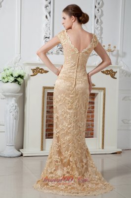 Cap Sleeve Champagne Lace V-neck Mother Dress