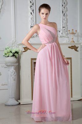 Baby Pink One Shoulder Beaded Graduation Dress