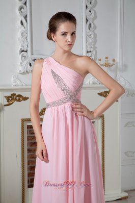 Baby Pink One Shoulder Beaded Graduation Dress