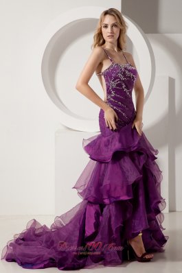 Spaghetti Straps Layered Court Purple Prom Dress