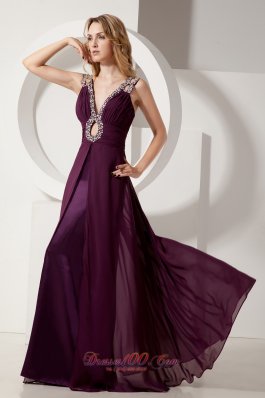 Dark Purple V-neck Prom Evening Dress Keyhole Beaded