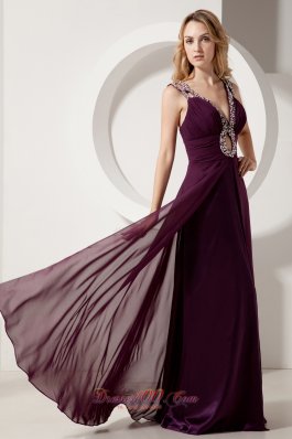 Dark Purple V-neck Prom Evening Dress Keyhole Beaded