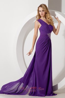 Watteau Train One Shoulder Prom Dress Beads Purple