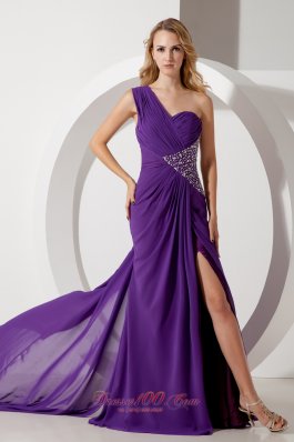 Watteau Train One Shoulder Prom Dress Beads Purple