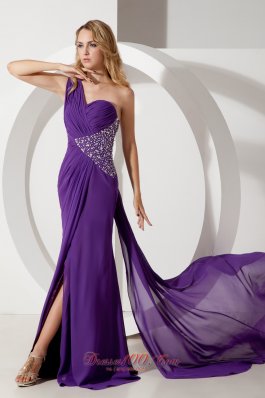 Watteau Train One Shoulder Prom Dress Beads Purple