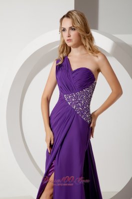 Watteau Train One Shoulder Prom Dress Beads Purple