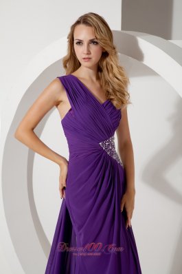 Watteau Train One Shoulder Prom Dress Beads Purple