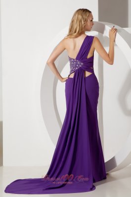 Watteau Train One Shoulder Prom Dress Beads Purple