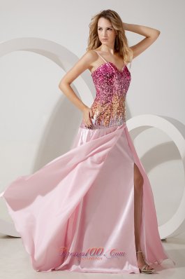 Baby Pink Sequined Straps Evening Dress with Split