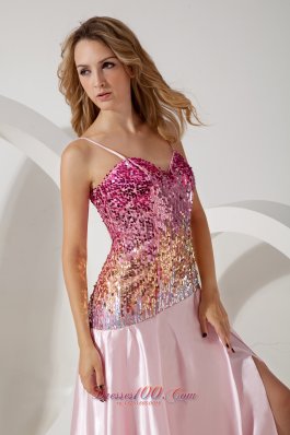 Baby Pink Sequined Straps Evening Dress with Split