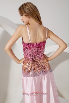 Baby Pink Sequined Straps Evening Dress with Split