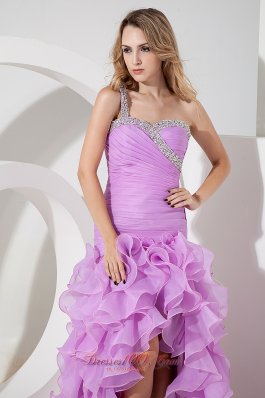 One Shoulder Lavender High-low Beading Prom Dress