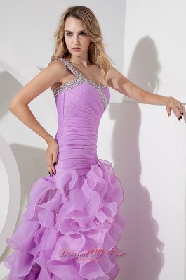 One Shoulder Lavender High-low Beading Prom Dress