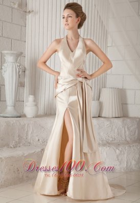 Halter Open Back High Slit Champagne Prom Dress